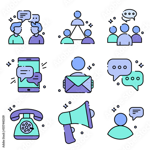 communication icon set, including people talking, group discussions, chat bubbles, mobile messaging, email, phone call, loudspeaker, and user interaction symbols. icon sheet.