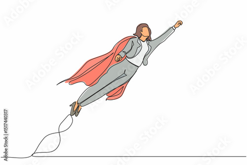 Continuous one line drawing super businesswoman raised fist and flying in the air. Concept superhero of business, financial, growth, career, leader. Single line draw design vector graphic illustration