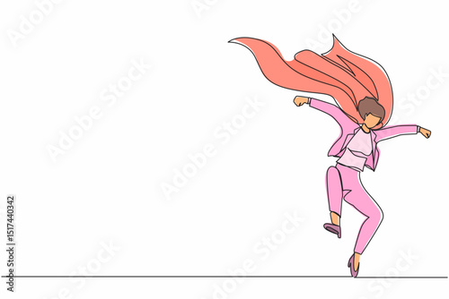 Single continuous line drawing female businesswoman superhero in cloak. Successful superhero landing from the sky. Leadership, challenge goal achievement. Dynamic one line draw graphic design vector