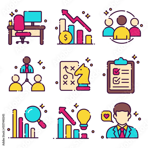 Set of colorful business and office icons, including graphs, charts, people, organizational structures, strategies, magnifying glass, light bulb, checklist, and office desk. 
