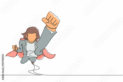 Single one line drawing superhero businesswoman wearing cape. Manager leader flying with stretched arm clenched fist. Super businesswoman fly forward. Continuous line draw design vector illustration