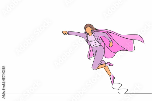 Single one line drawing super businesswoman punches pose, employee superhero flying, business concept power, success and overcome difficulties. Continuous line draw design graphic vector illustration