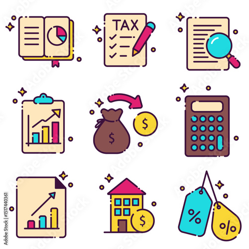 Set of colorful accounting and finance icons including calculator, graph, tax document, magnifier, money bag, house, and percentage tags. Perfect for financial, business, and economic design projects