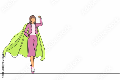Single continuous line drawing superhero strong showing muscle. Superhero officer in action. Businesswoman character superhero. Office employees. Dynamic one line graphic design vector illustration
