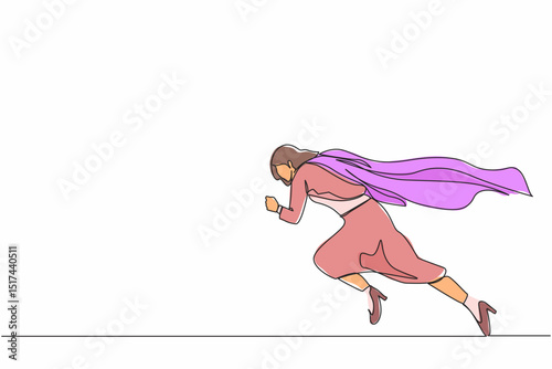 Single continuous line drawing super businesswoman running fast. Business superhero rushing on duty, business concept goal, achievement, and success. One line draw graphic design vector illustration
