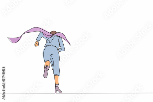 Single one line drawing back view businesswoman superhero running to office. Powerful businesswoman enthusiastic with ideas, innovation. Modern continuous line draw design graphic vector illustration