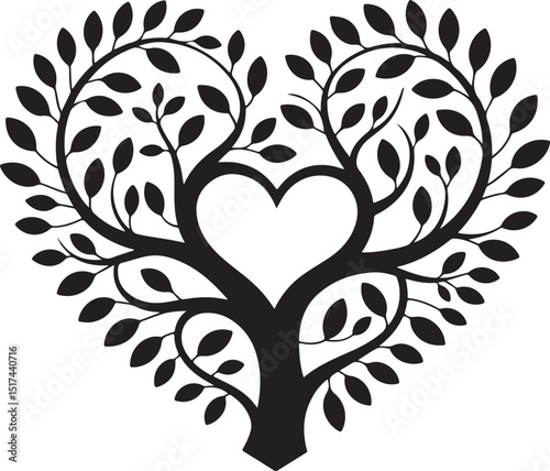 Heart Shaped Tree of Life with Swirling Branches, Leafy Canopy, and Central Hollow Heart in Bold Black Silhouette