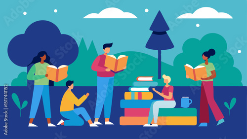 Book Exchange A cozy book swapping event in a local park where people are trading books and discussing stories emphasizing shared knowledge over purchasing new items.