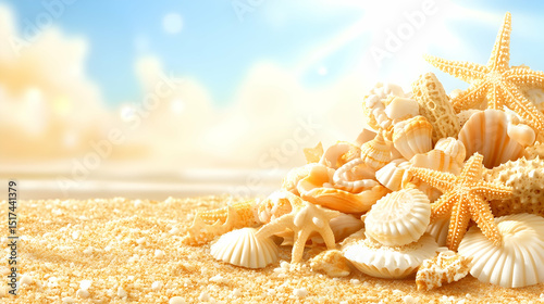Coastal vacation with natural seashells and starfish on a tropical beach