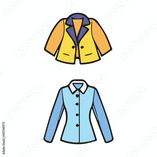 Colorful illustration of a mustard yellow blazer and a light blue collared jacket, displayed in a simple, flat design.