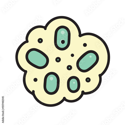 Simple illustration of a cell cluster with teal-colored components displayed against a pale yellow background. Abstract representation of cellular structure.