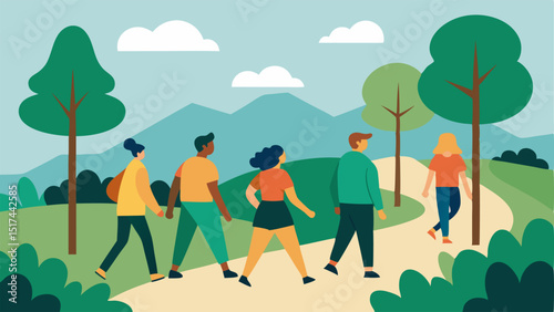 Group Nature Walk A small group of retreat participants walking along a forest trail taking in the sights and sounds of nature promoting physical activity and connection to the