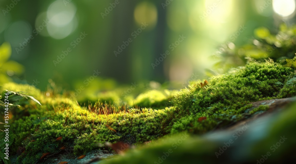 Lush moss carpet in sunlit forest floor Lush moss carpet in sunlit forest floor