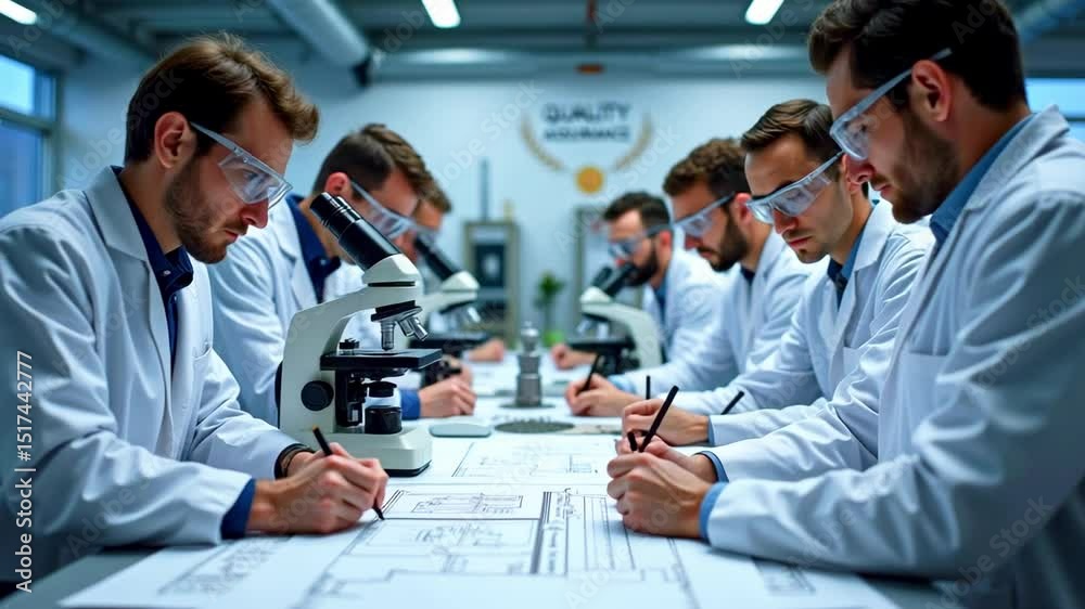 Group of scientists in lab coats analyzing data and sketches at a quality control laboratory
