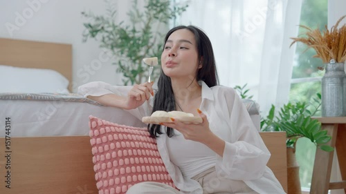 Asian young woman eating salad in the morning, health care concept, vegetarian	