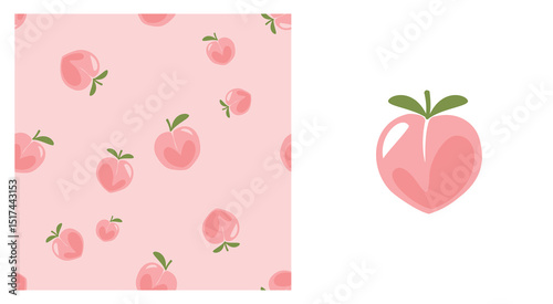 Seamless pattern of peach apricot fruit with green leaves on pink background. Heart shape peach fruit icon vector.