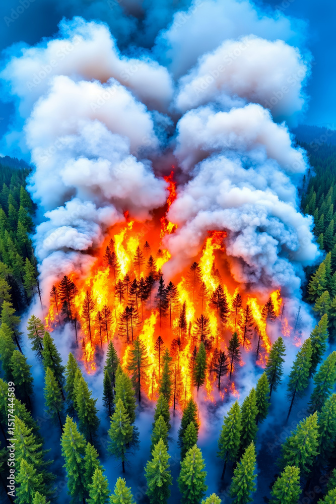 Fototapeta premium A large fire in the middle of a forest with smoke coming out of it