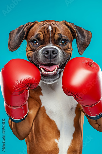 A dog wearing red boxing gloves on a blue background