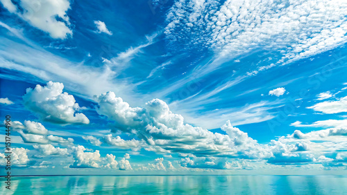 Stunning blue sky with fluffy white clouds over calm ocean, sky, clouds, ocean, sea, water, blue, nature, landscape