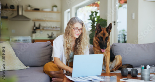Canvas Print Laptop, typing and dog with woman on sofa for pet insurance research, premium benefits and planner
