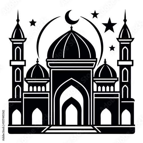 Minimalist Mosque Silhouette with Crescent Moon and Stars on Transparent Background