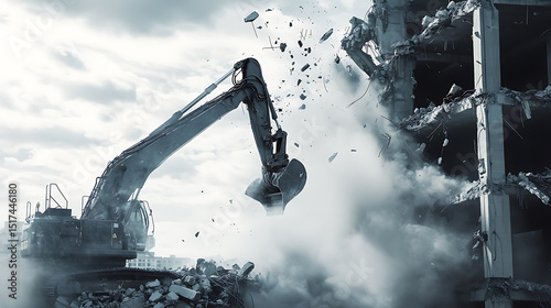 Excavator Demolishing a Building Amidst Dust and Debris