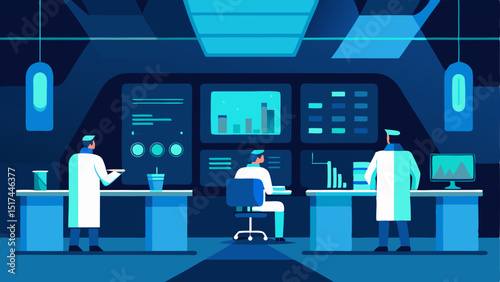 Futuristic Lab Interior A sleek laboratory with glass walls featuring advanced technology and bright blue LED lights. Scientists are working at hightech workstations with digital