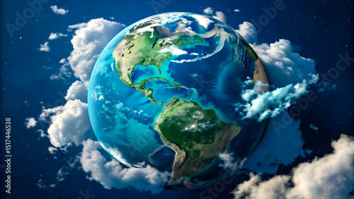 Earth globe surrounded by fluffy clouds in space, earth, globe, clouds, space, planet, world, atmosphere