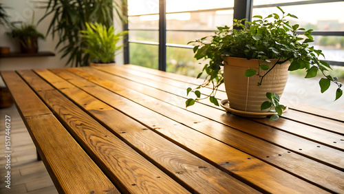 Wooden table with potted plant by window, wooden, table, wood, planks, tabletop, plant
