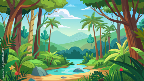 Tropical Paradise. Serene Jungle River Landscape