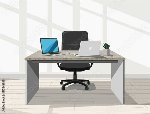 Modern office interior vector with two laptops on desk and executive armchair. Stylish workplace with window light and minimal design, perfect for business and productivity themes