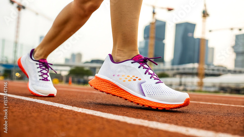 Woman runner in modern athletic shoes on track, running, shoes, athletic, sports, woman, female