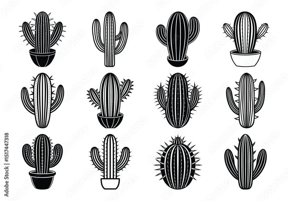 Fototapeta premium cactus icon vector logo symbol desert flower botanica plant garden summer tropical illustration boodle cactus, black and white, simple minimalist design, line art, vector illustration 