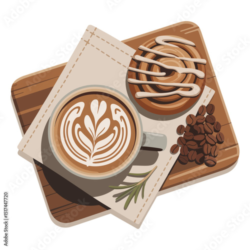 Delicious dark chocolate coffee cake with gourmet beans and a sweet drink