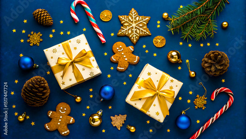 Festive christmas flatlay with gifts and decorations, christmas, flatlay, gifts, decorations, ornaments, pine