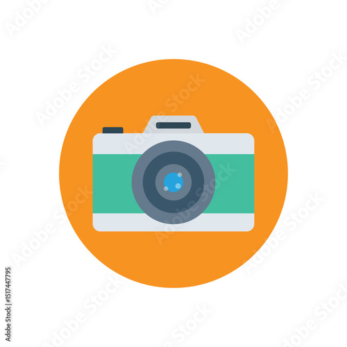 Flat style camera icon with a green and gray body on an orange circular background. Ideal for photography, media, app UI, or content creation themes in digital and print designs.