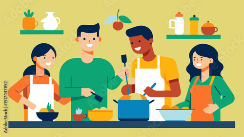 Cooking Together A lively kitchen scene shows friends chopping vegetables and stirring pots sharing recipes and having fun while cooking a big meal together.