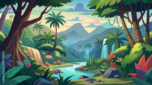 Serene Tropical Landscape. Lush Jungle. River. and Waterfall