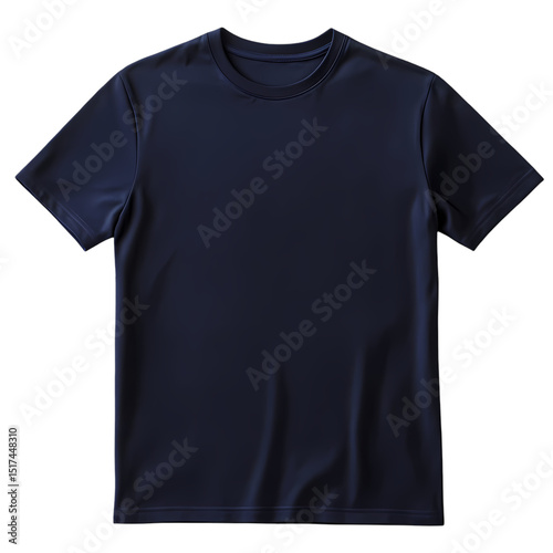 A navy blue t shirt with short sleeves and a round neck collar isolated plain isolated on transparent background