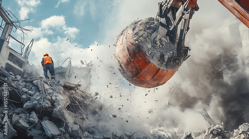 Excavator Demolishing Building with Worker Supervising
