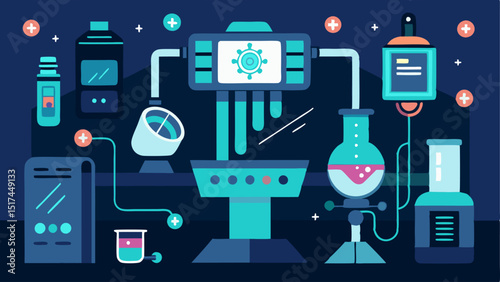 HighTech Equipment An illustration of futuristic lab devices in the background indicating advanced technology used for biomarker analysis such as automated analyzers and digital