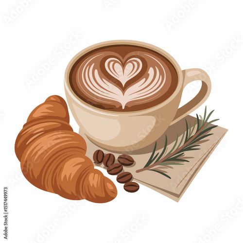 Hot coffee and sweet croissant breakfast