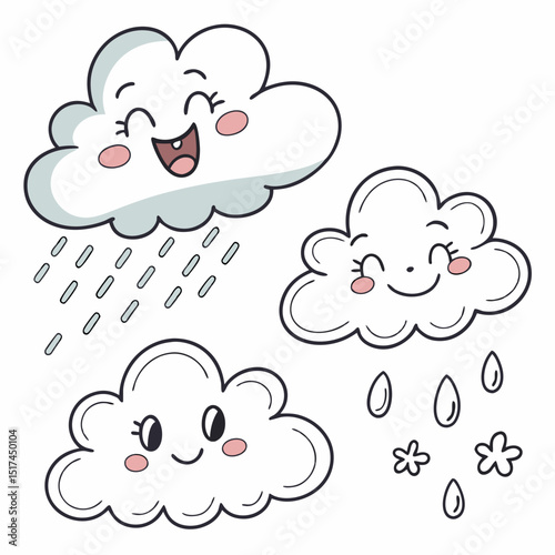 Adorable Kawaii Clouds with Rain, Lightly Colored Line Art Characters for Weather-Themed Children's Decor and Stickers