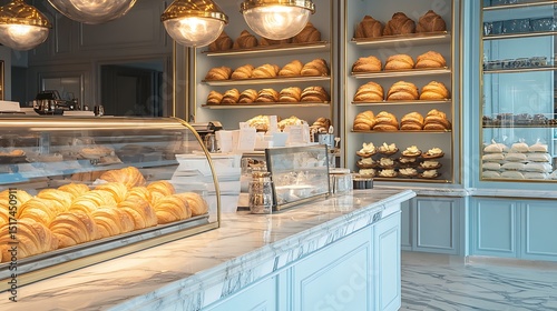 A luxurious European bakery with marble countertops and golden croissants