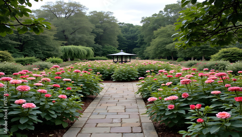 Serene botanical garden with rose gardens