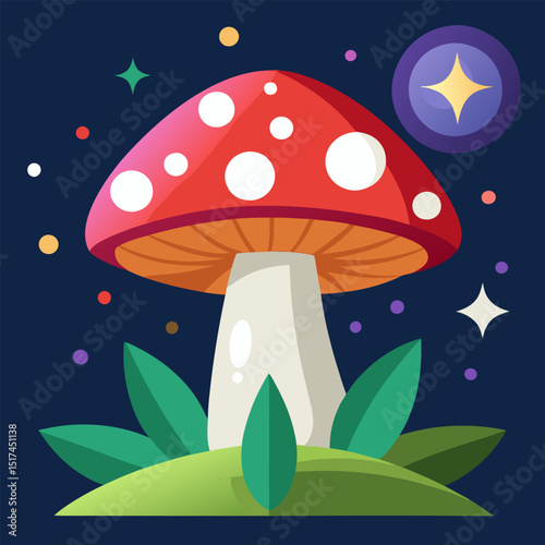 Enchanted Red Mushroom in a Magical Night Forest