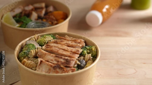 Having a lunch break at the office with delicious Healthy food delivery in take away boxes, Healthy eating concept. dolly shot.