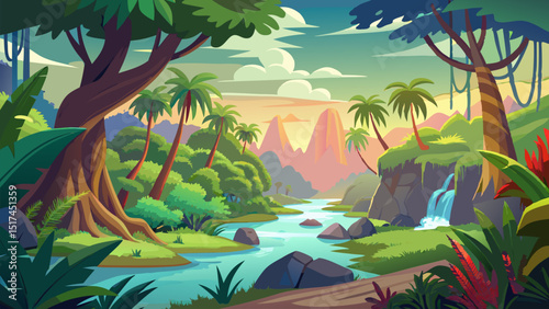 Serene Tropical River Landscape. Lush Jungle. Palm Trees. Waterfall