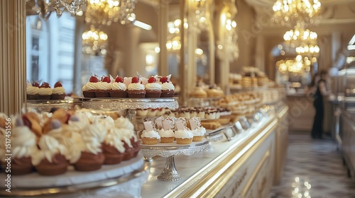 A luxurious European bakery with marble countertops and golden croissants