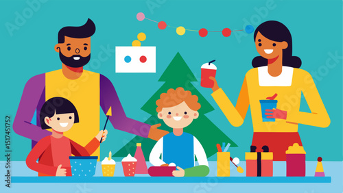 A creative arts and crafts day where family members paint and make holiday decorations together with vibrant colors and laughter filling the room.